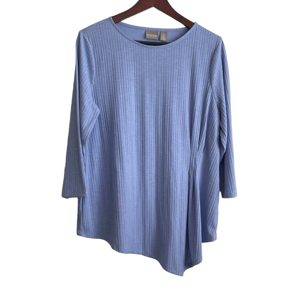 Chicos 2 Womens Coastal Minimalist Ribbed Asymmetric Tunic‎ Top L Blue Coastal